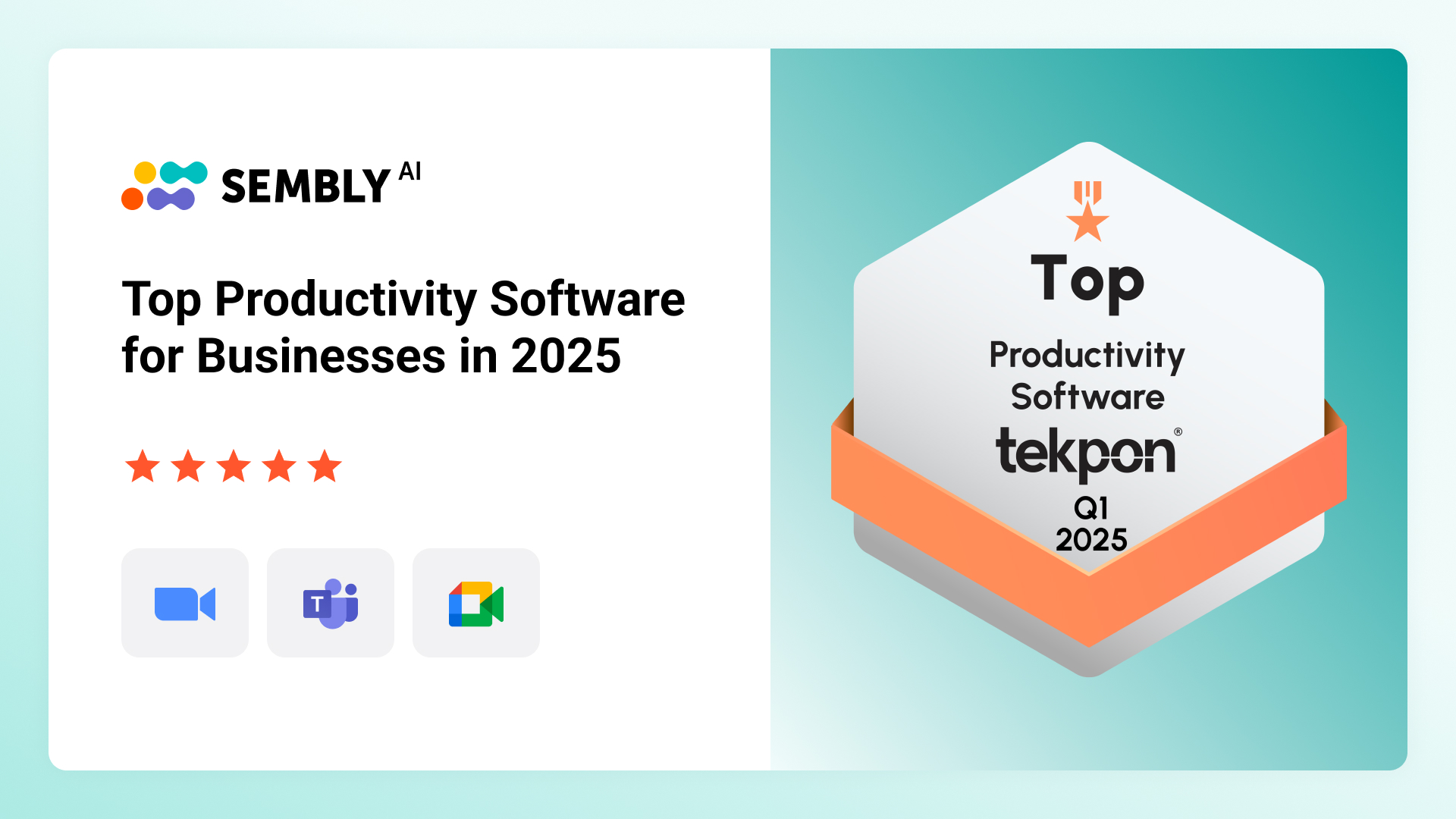 Sembly AI was featured in Top Productivity Software for Businesses 2025 by Tekpon