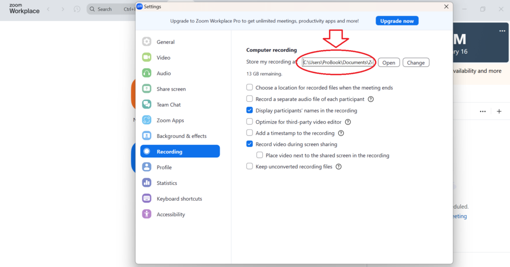 Step 3: Look at “Store my recording at” path - Sembly
