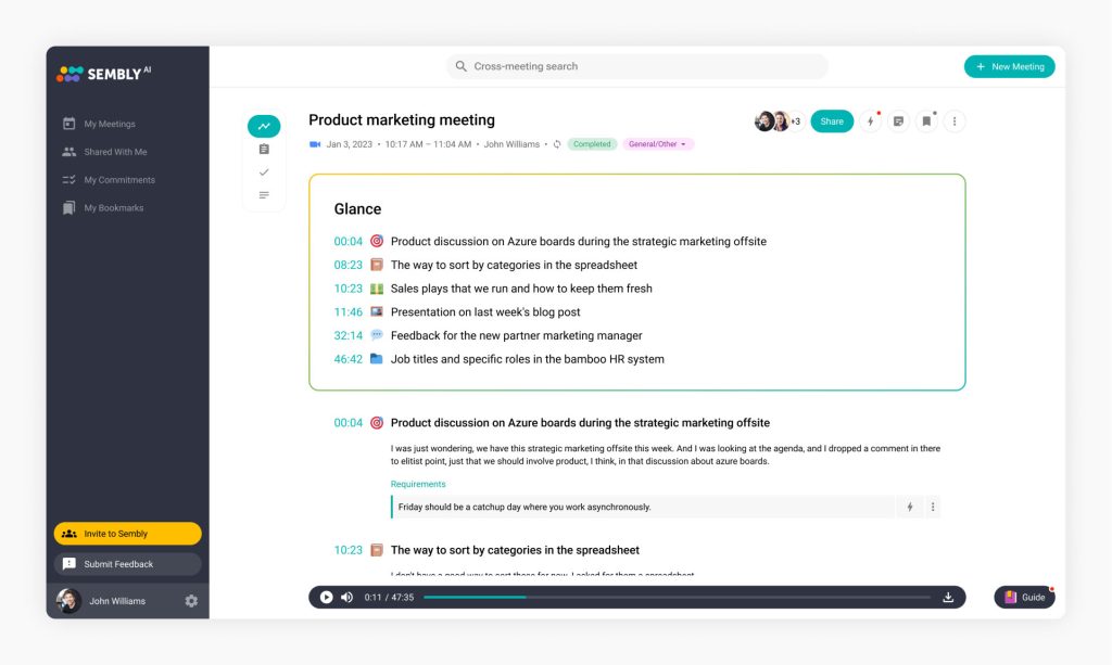 Sembly transcribes, takes meeting notes, and generates insights for your professional meetings