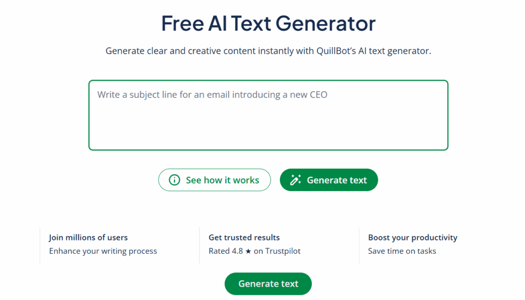 Interface of QuillBot AI Text Generator