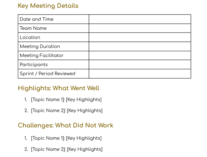 Team Retro Meeting Minutes Template