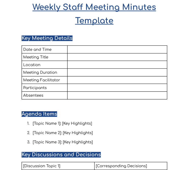 How a Weekly Staff Meeting Minutes Template Looks