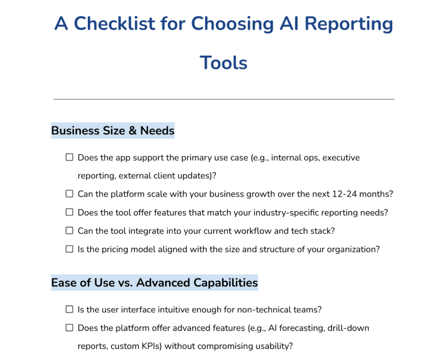 A Visualization of a Checklist for Choosing AI Reporting Tools
