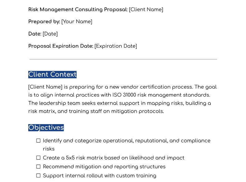 How a Risk Management Consulting Proposal Template Looks