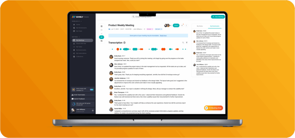Accurate Transcription - Sembly captures every word with precision, providing a reliable solution for meeting transcription needs. - Boost meetings with Sembly AI, turning conversations into valuable outcomes with transcription and insights for better collaboration.