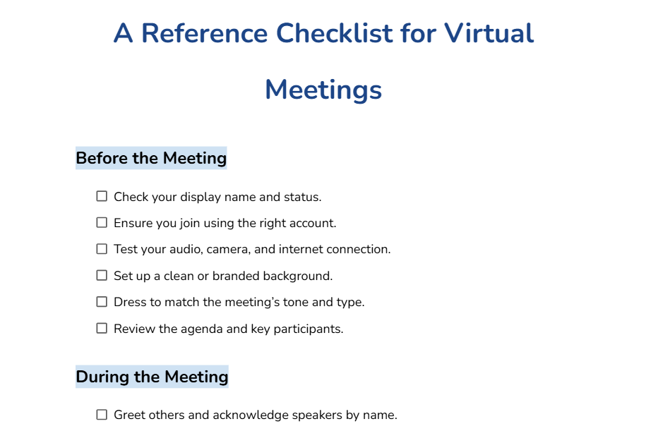 A Visual of the Reference Checklist for Virtual Meeting Etiquette