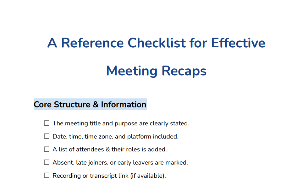 A Reference Checklist for Effective Meeting recaps