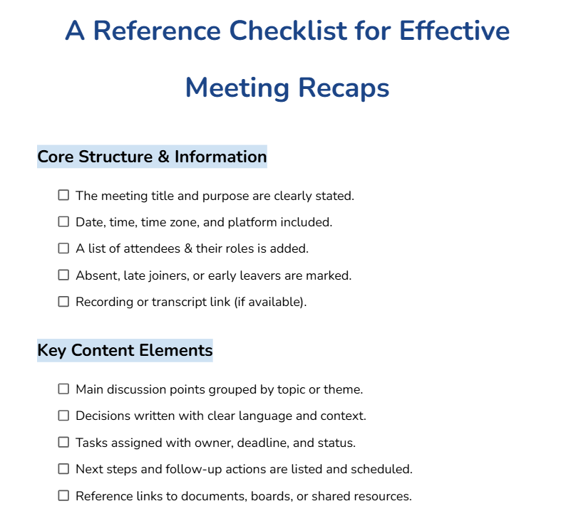 A Reference Checklist for Meeting Recaps with AI Requirements