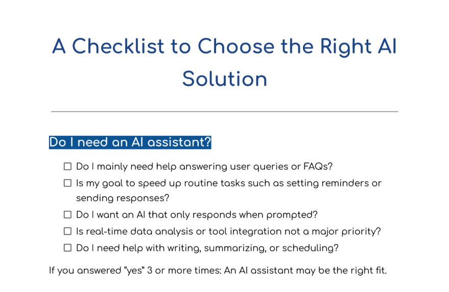 A Visualization of the Checklist for Choosing the Right AI Solution
