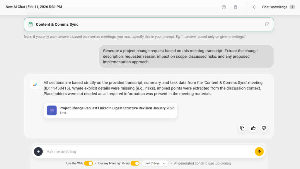 An Image Showing How Sembly Can Generate a Change Request for Project Management